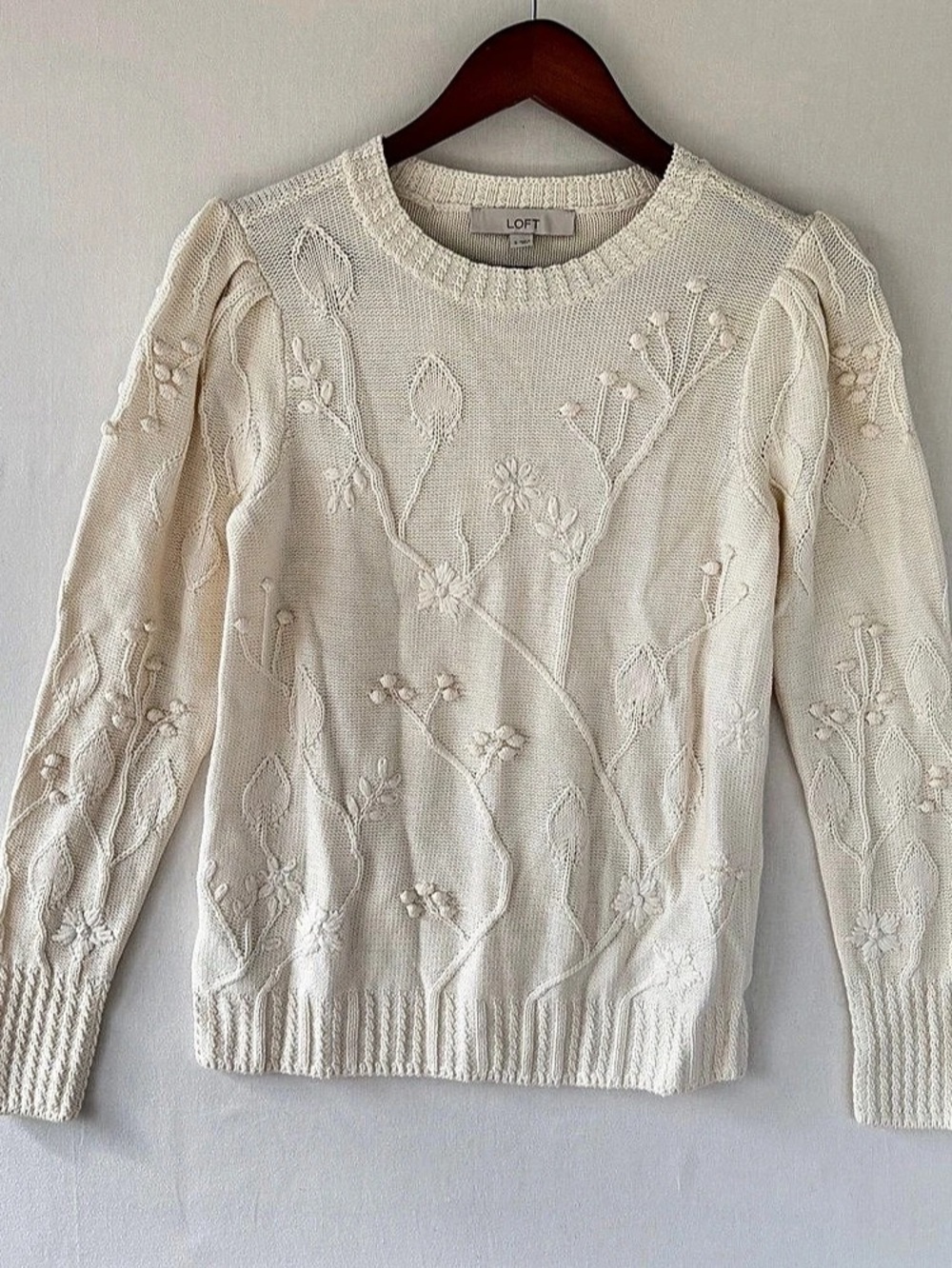 LOFT Floral Bobble Sweater Womens S Ivory Embroidered Cottage Dainty